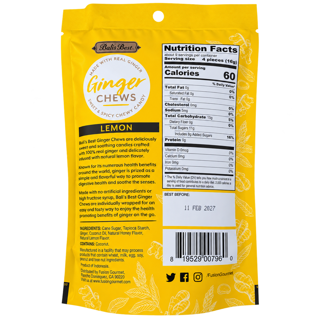 BALI’S BEST GINGER CHEWS – LEMON 5.08 OZ
