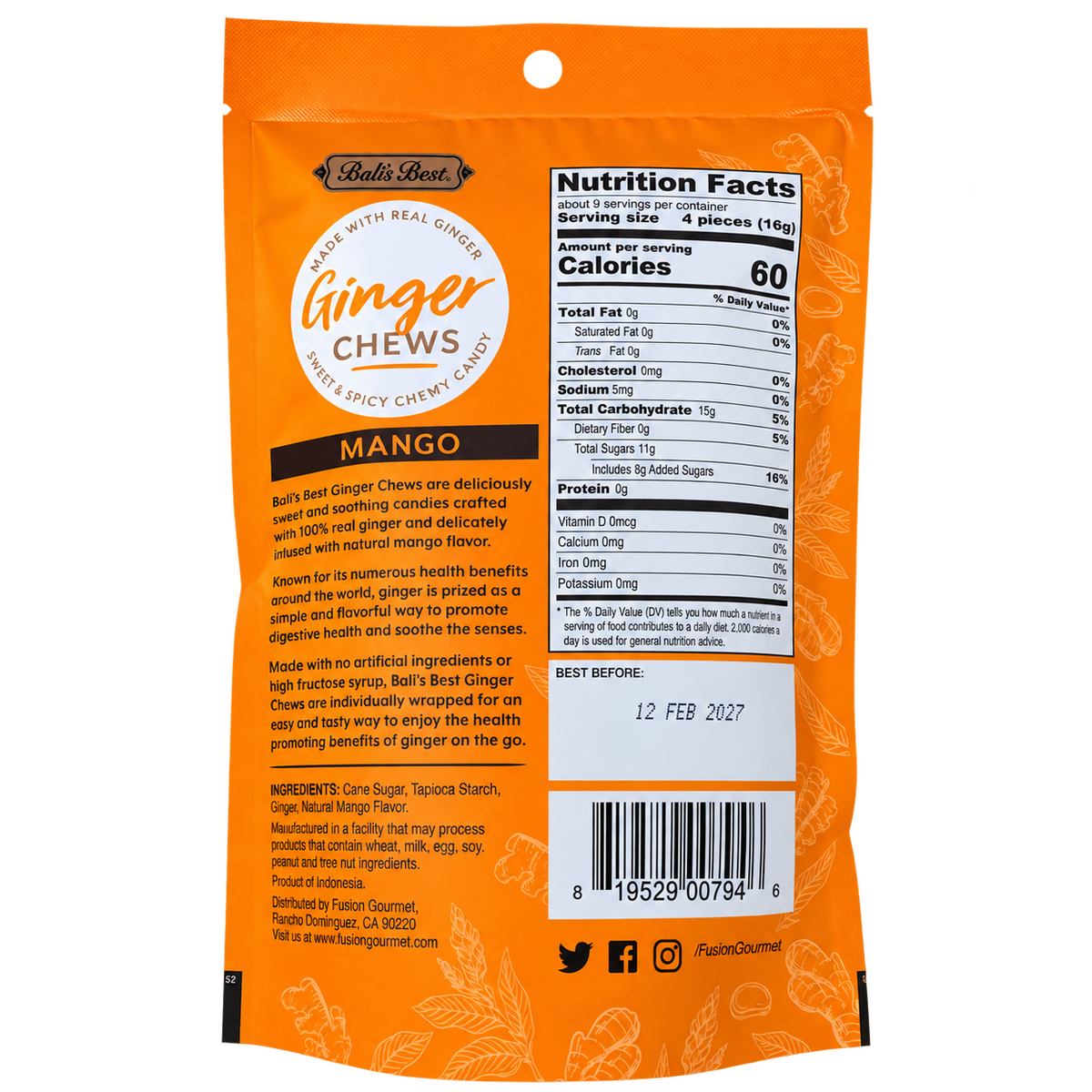 BALI’S BEST GINGER CHEWS – MANGO 5.08 OZ