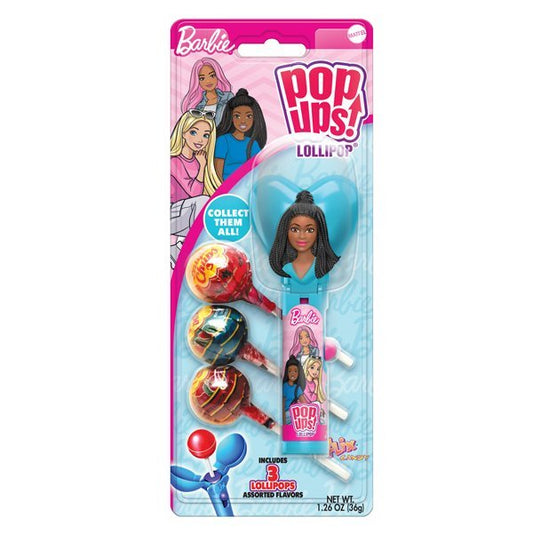 Barbie Pop Ups Lollipop Blister 1.26oz – Collectible Barbie Candy Dispenser with 3 Assorted Lollipop Flavors