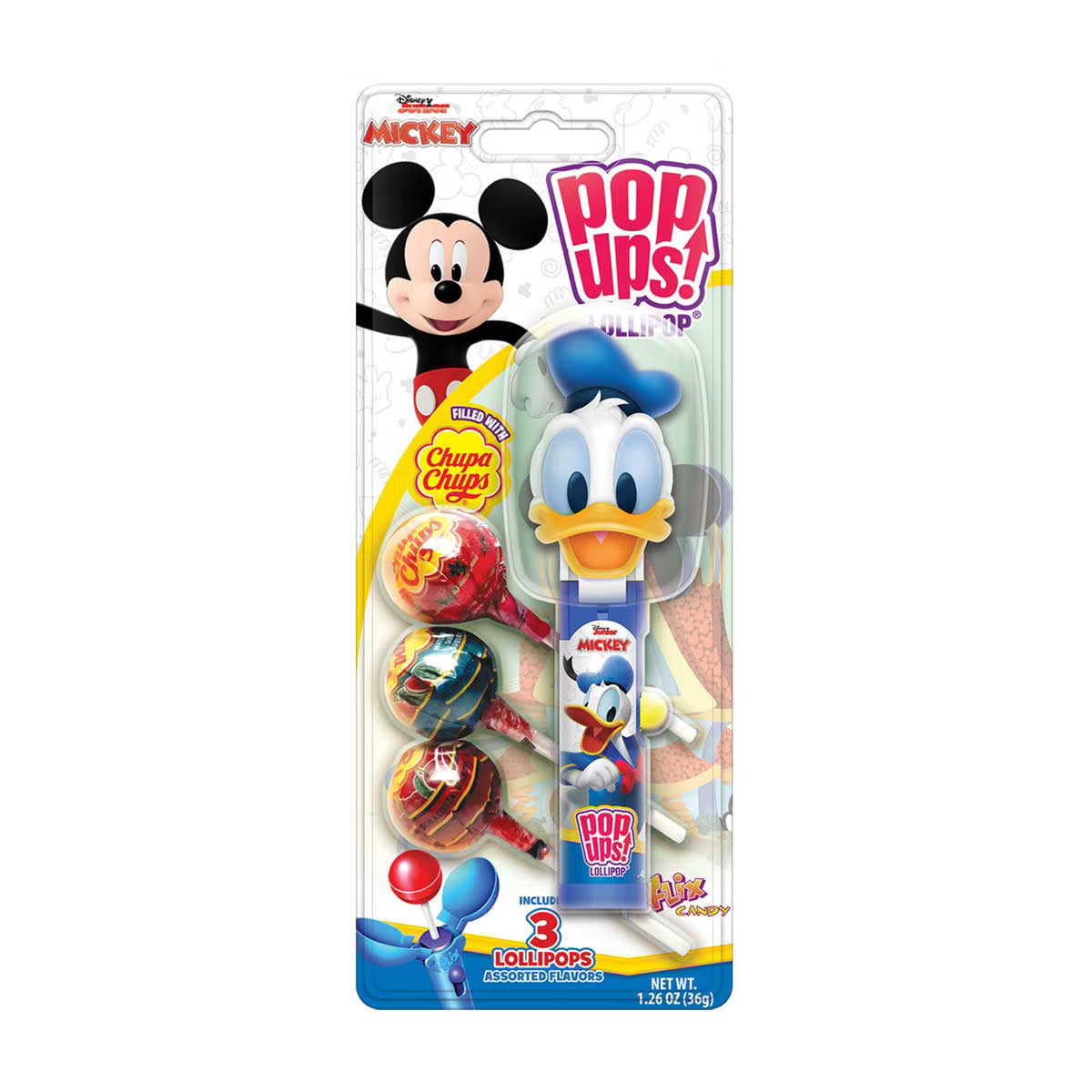 Disney Junior Pop Ups Lollipop Candy – Mickey & Donald Pop-Up Candy Dispenser with Chupa Chups Lollipops